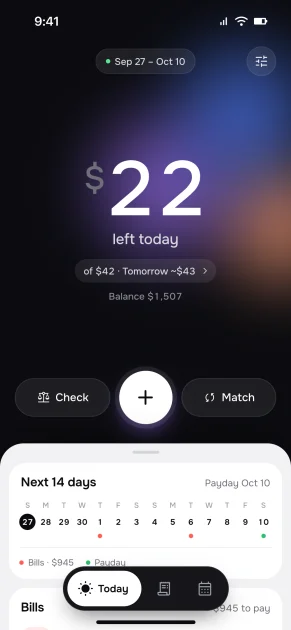NowAfter Today screen after a $20 lunch: $22 left today, tomorrow about $43.